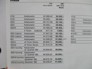 BMW E30,518i-M5 E28,M535i +Katalysator 524d/td +Edition Preisliste 10/1987 E23 E24