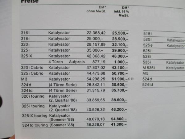 BMW E30,518i-M5 E28,M535i +Katalysator 524d/td +Edition Preisliste 10/1987 E23 E24