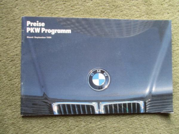 BMW E30 Preisliste +518i-M535i,M5 E28, 524d/td +E23 E24 September 1986