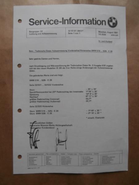 BMW Serviceinformation Achsvermessung 518-528i E28